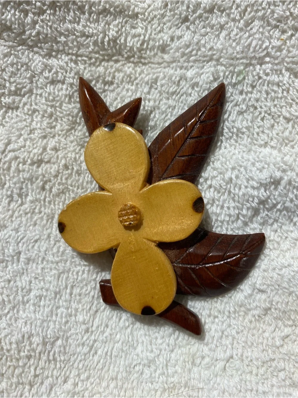 Handcrafted Wooden Flower Brooch in Yellow and Brown (RR)